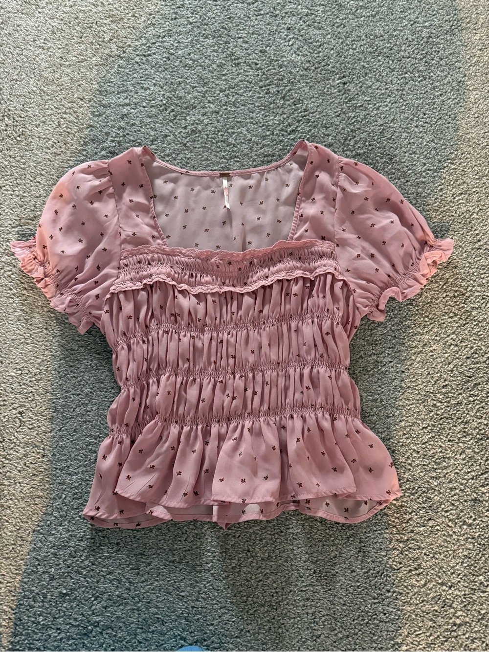 Free People Dusty Pink Smocked Ruffle Short Sleeve Blouse